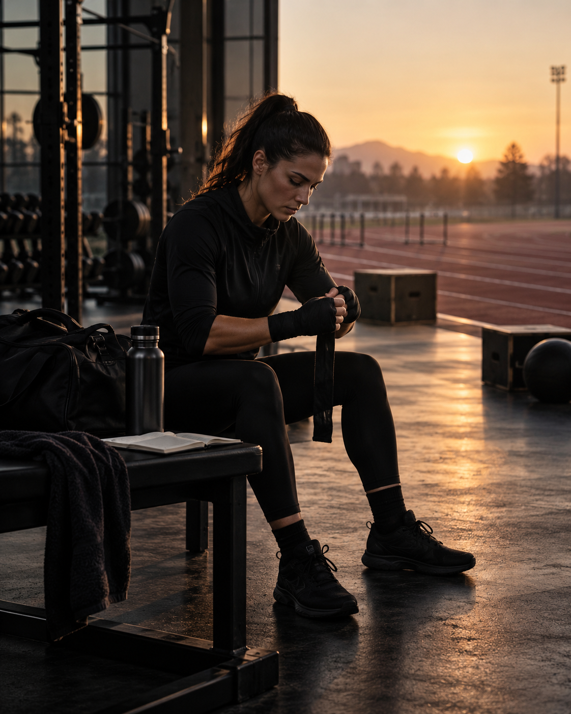 Disciplina: atleta preparándose en silencio antes del entrenamiento