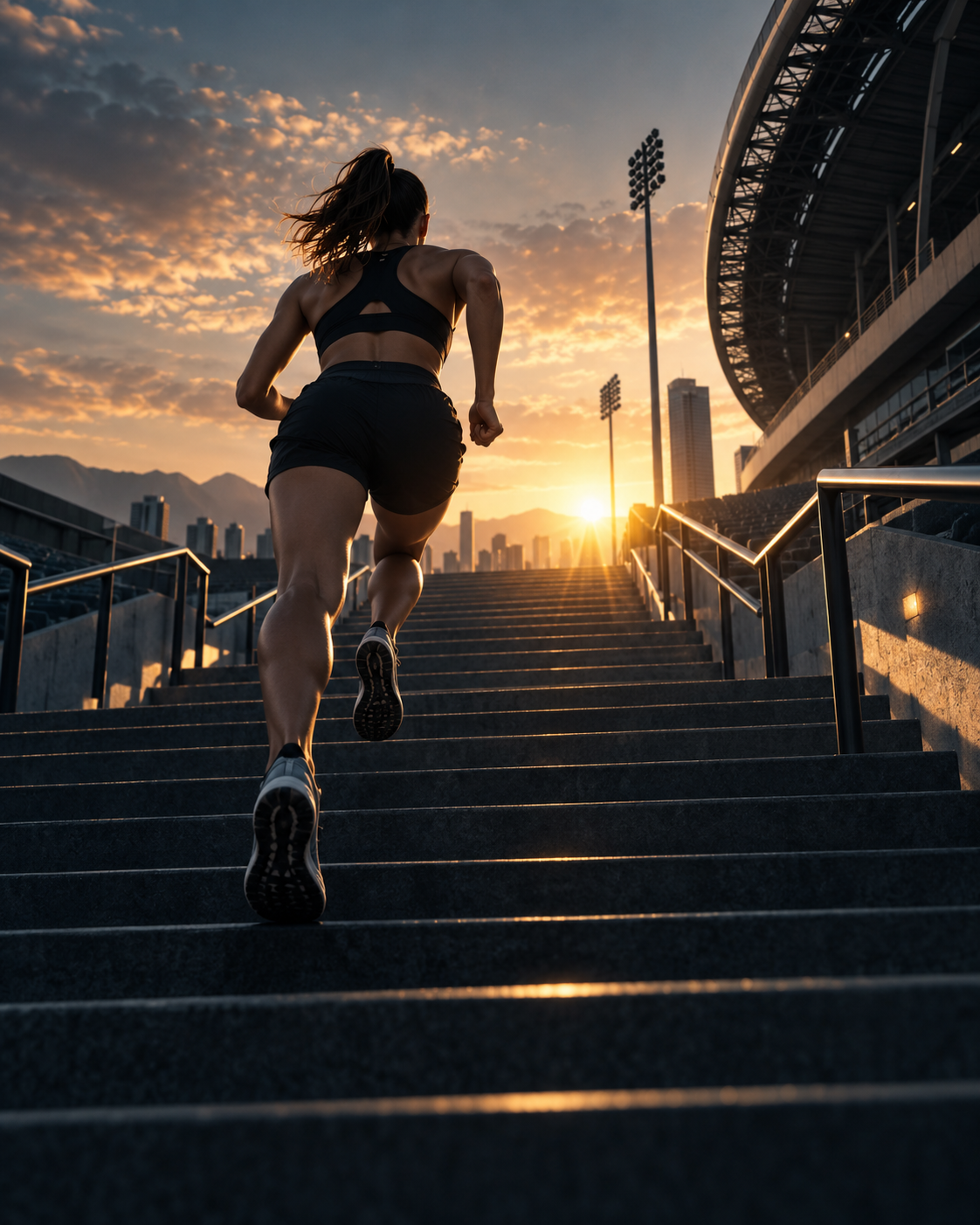 Progreso: atleta subiendo escaleras del estadio hacia el amanecer